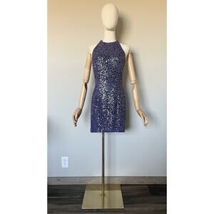 VTG 80s Black Tie Oleg Cassini Purple 100% Silk Sequin Beaded Mini Dress Size 8